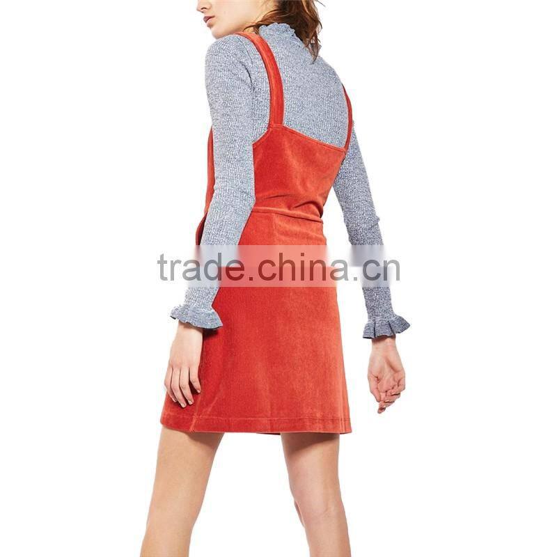 2017 OEM Spring Women Adjustable Burnt Orange Cord Pinafore Dress
