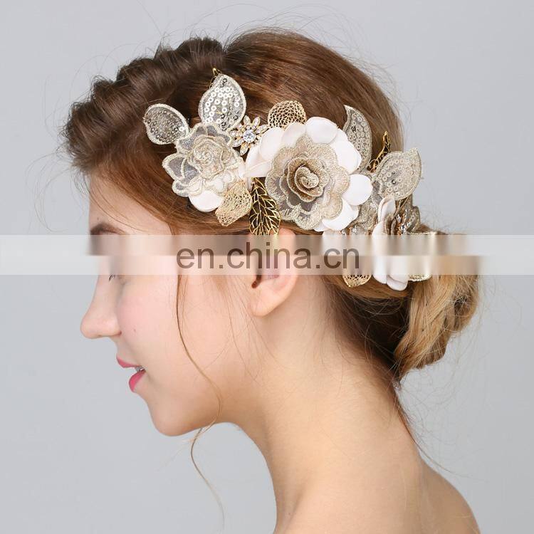 Wedding Party Leaves Headband with Rhinestone Gold Flower Head Piece Bride Vintage Hair Jewelry Accessories