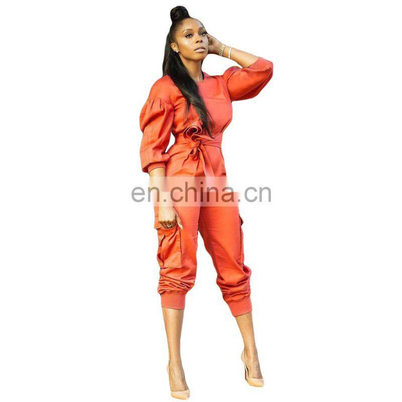 Wholesale custom women's suits long sleeve loose solid color casual and comfortable Lantern sleeve jumpsuit fashion