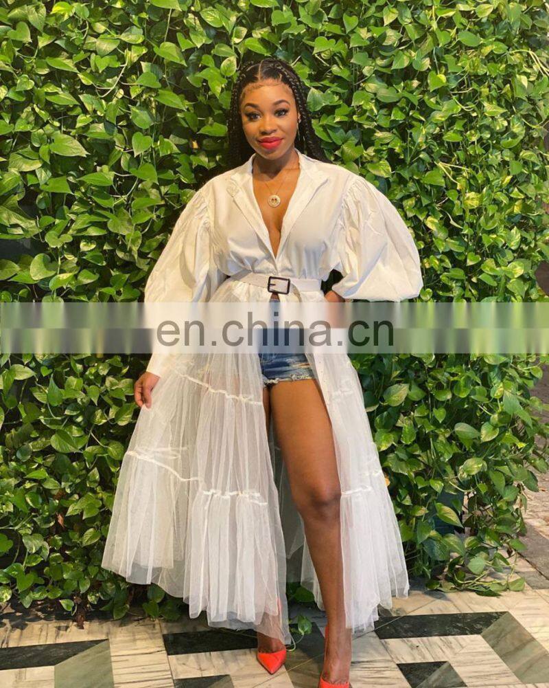 (Belt not included) Customized new women's fashion big size nightclub mesh translucent stitching long sleeve dress