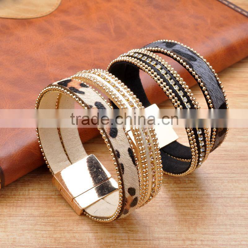 MBRL28 Quality leopard pubescence Leather alloy small beads leather bracelets with magnetic clasp