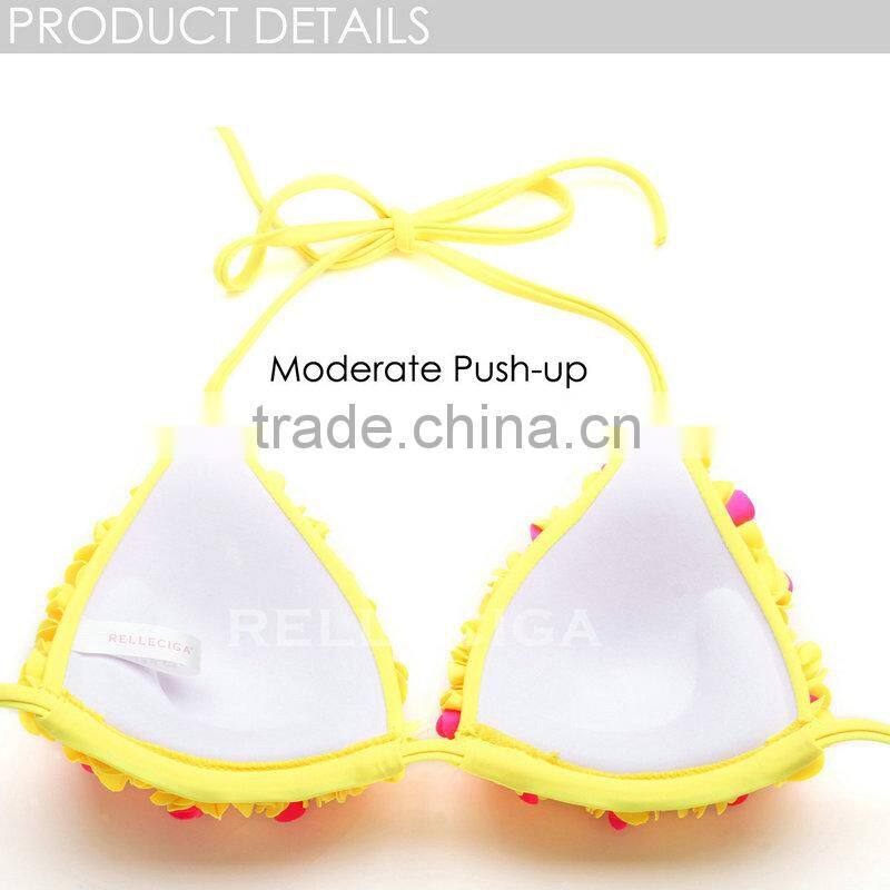RELLECIGA 2016 Marianne Collection - Yellow &Pink3DBlooming Flower Triangle Top Bikini Set with Moderate Push-up Molded Cups