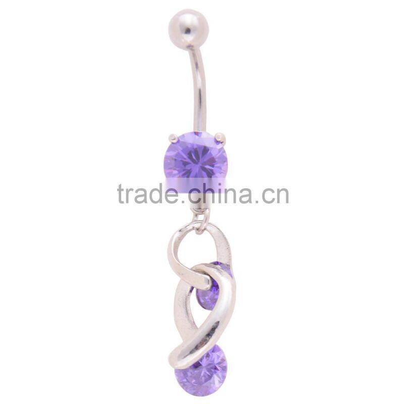 Big Zircon Inlay Dual Hearts lining Dangle Belly Button Naval Ring.