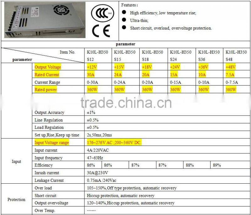 Ultra-thin DC48V POE Switch Power Supply/Led Driver 350W Made In China