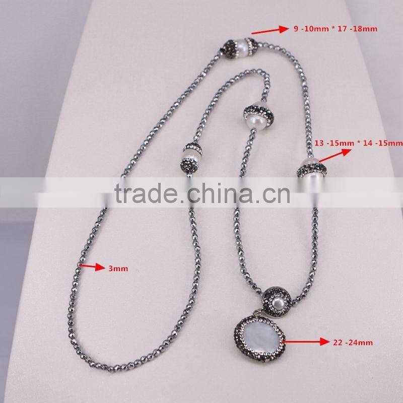 Fashion Natural Pearl Gem stone Necklace, with 3mm Silver Hematite Beads Necklace, Pendant Charms Natural Stone Necklace