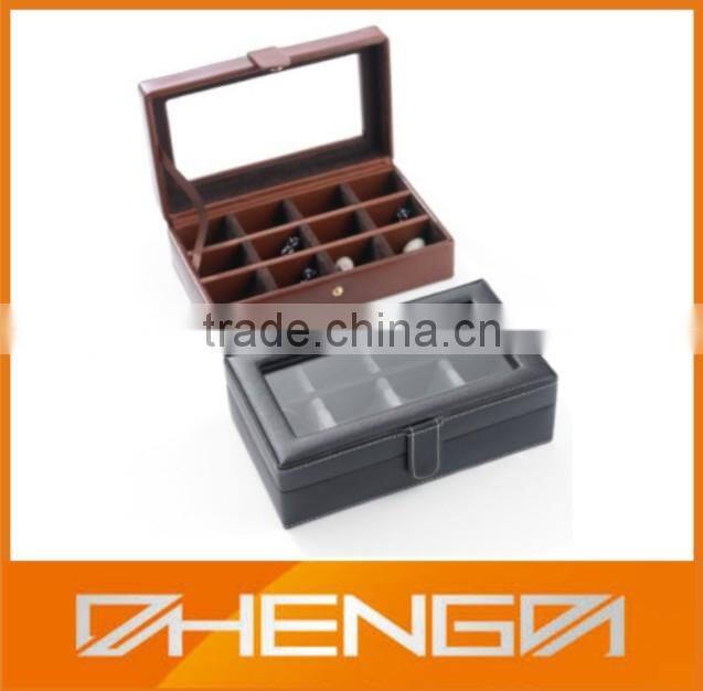 Best Sell factory custom made leather cufflink box with glass lid for gift (ZDS-F268)