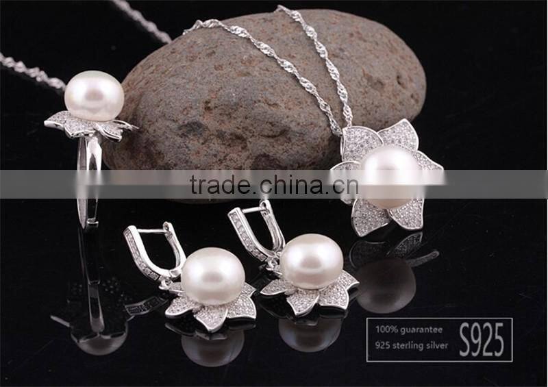 Luxury 925 Sterling Silver Set Natural Pearl Jewelry Bridal Wedding Jewelry Set 3 Color Necklace Earrings and Ring