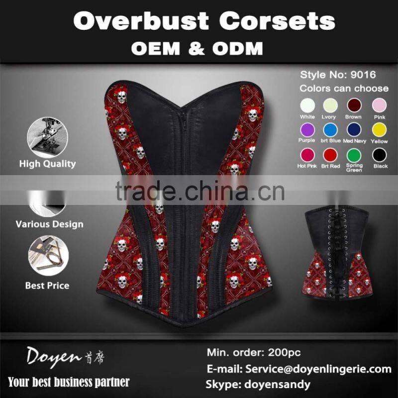 printing sexy zipper overbust corset bodysuit to wear out