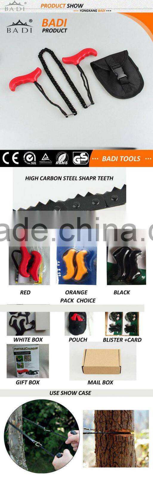 hot sale red handle pocket chain saw with chain and black pouch