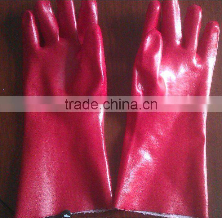 red PVC glove, gauntlet, 40cm,interlock line, smooth finish