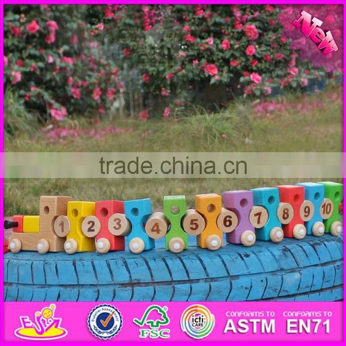 2016 new design educational number and blocks wooden pull toy car W05C079