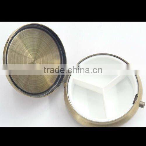 fancy round-shaped metal pill boxes with logo or peafowl picture printed