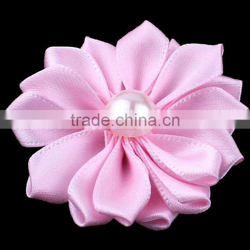 satin ribbon flower with pearl bead center for kids hair accessories