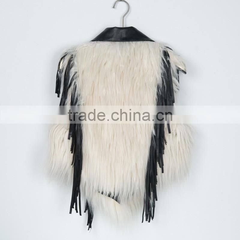 2016 new European style leather splicing faux fur vest woman dress