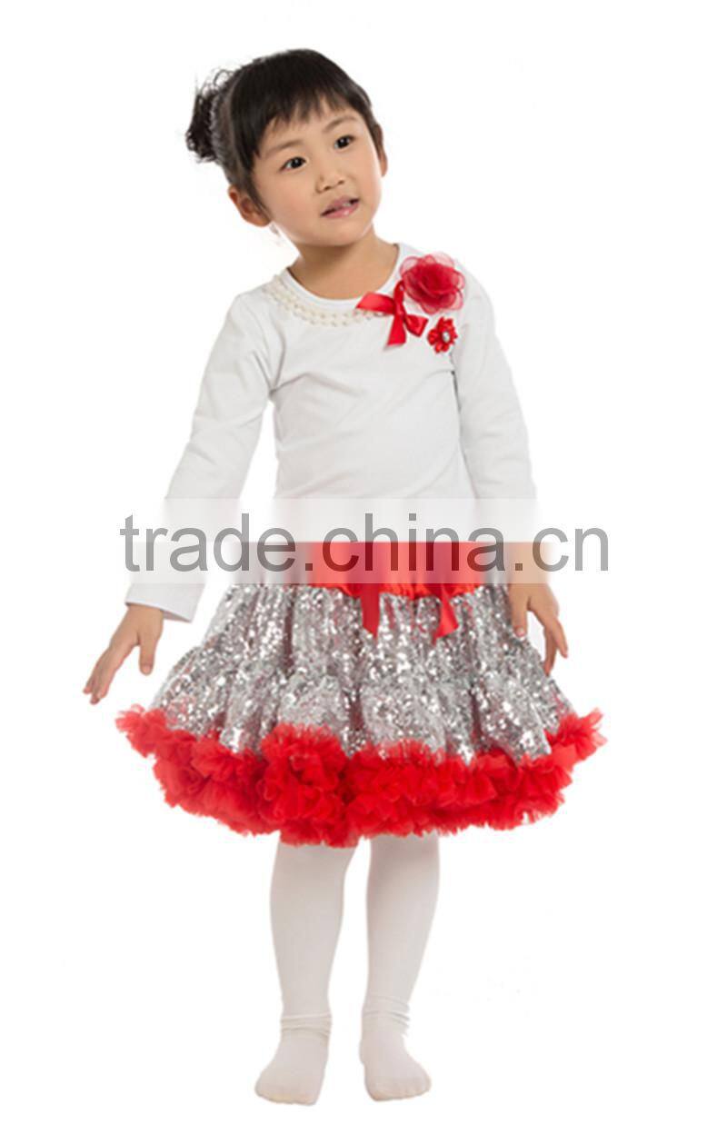 long sleeve flower sequin fluffy pettiskirt for girls- embroidered costume with belt-- stage wear