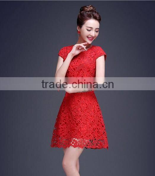 newest red lace plain young girl short sleeve casual dress