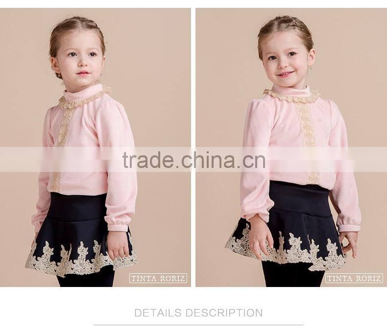 High Neck Girls Velvet t Shirt With Lace Children Clothing Pullover Long Sleeve t Shirt