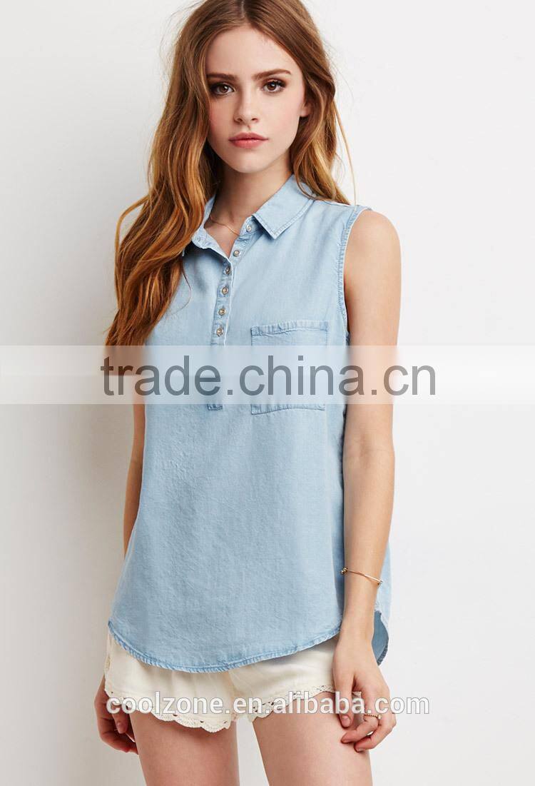 Fashion sleeveless lightweight fabric denim shirt,collared shirt with patch pocket