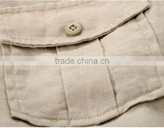 100%linen long sleeve khaki color shirts for men with spread collar and one pocket