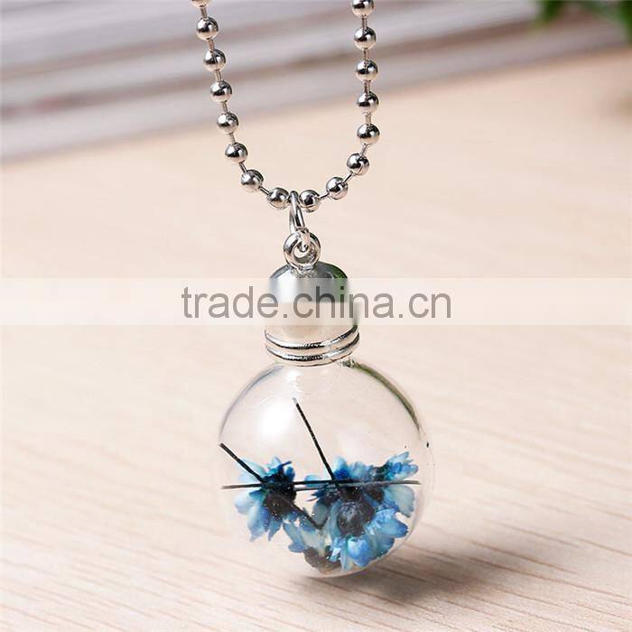 Glass Bottle Necklace Ball Chain Silver Tone Blue Dried Flower Pendant Transparent 60.2cm long