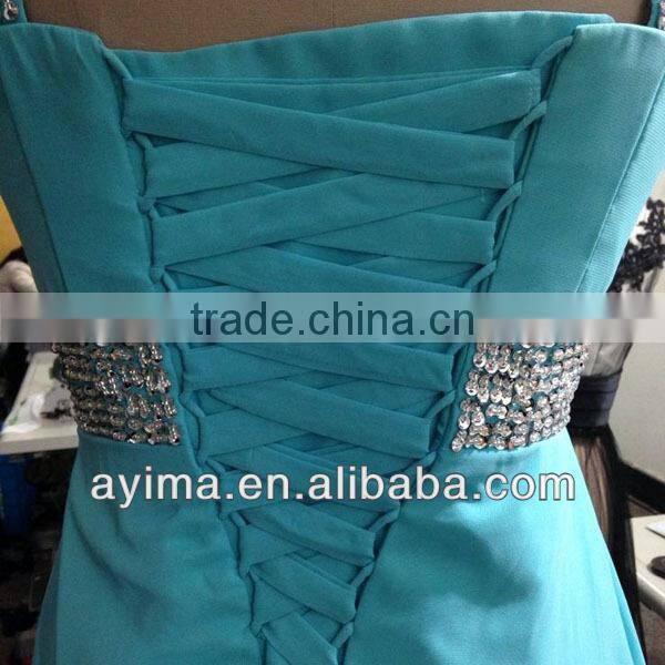 hot selling ladies long elegant dress blue chiffon rhinestone prom dresses 2014