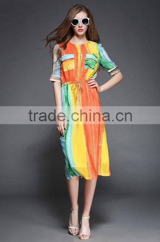 Summer Womens Fashion Casual Long Chiffon Maxi Dresses Lasies Short Sleeve Multi-Color Printed Dress