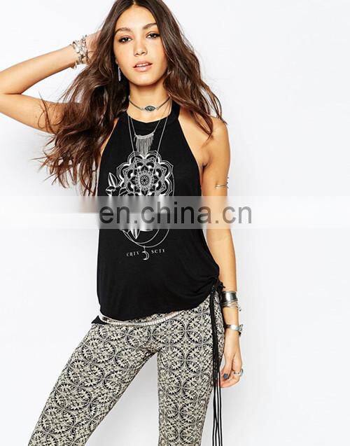 2017 Hot Selling Floral Print Girls High Neck Backless Vest T Shirt