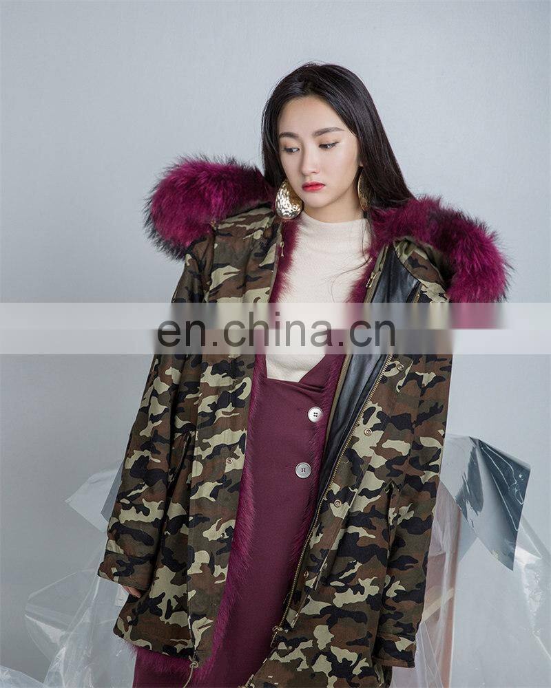 2016 Hot Sell Chinese Military Big Raccoon Fur Collar Parka Real Fox Fur Linling Camouflage Coat Women Winter Parka