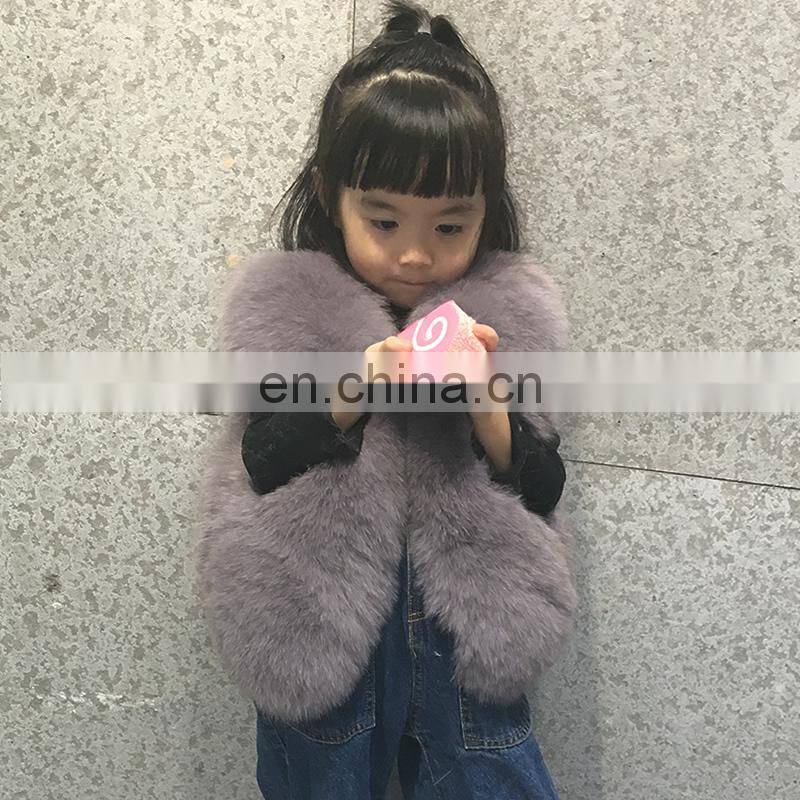 2016 European Winter New Girls Light Blue Cute Plush Real Fox Fur Kids Fur Vest