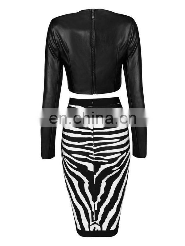 Fashion high quality PU leather long sleeve tops with Zebra skirt set for lady dress