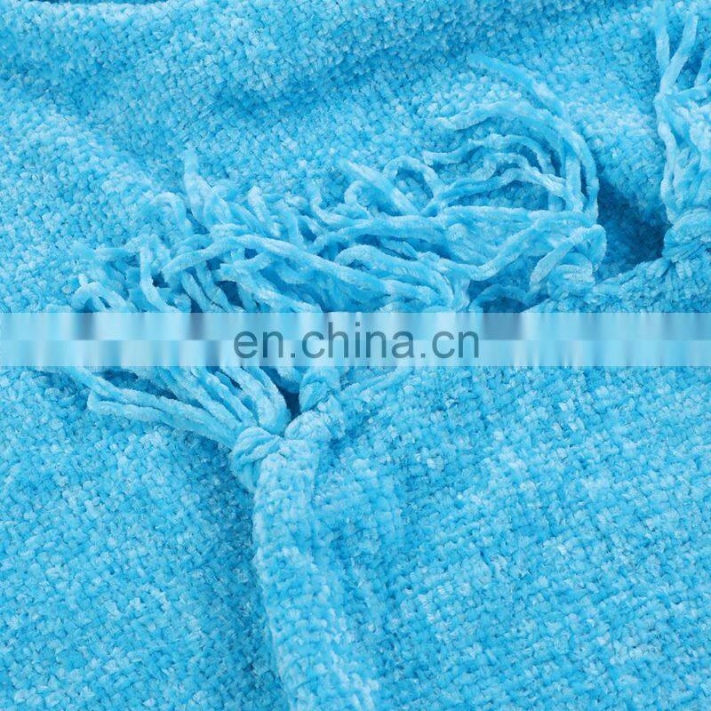 100%Polyester Soft Blue Chenille Blanket Throw with Fringe for Home Bed Sofa Couch Chair