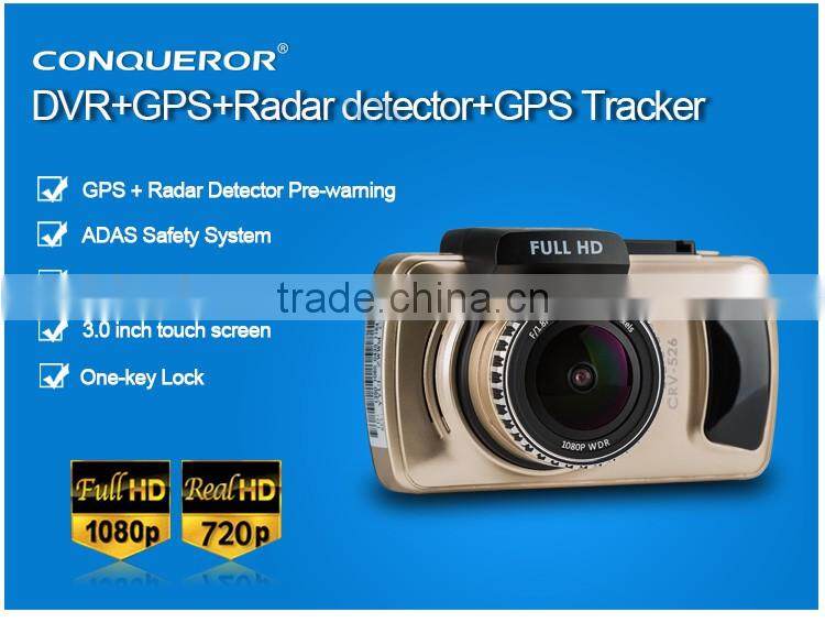 3 inch touch screen high full hd/night vision /G-sensor radar detector/russian gps voice tracker/car camera record four in one