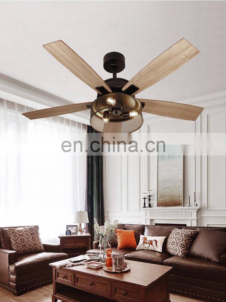 Indoor Rustic Industrial Matte Black Three Solid Wooden Blade 52inch DC Motor Remote Control Led Ceiling Fan With Light