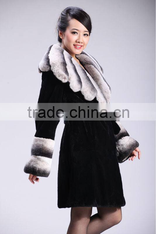 natural black rex rabbit fur coat with big chichilla style collar