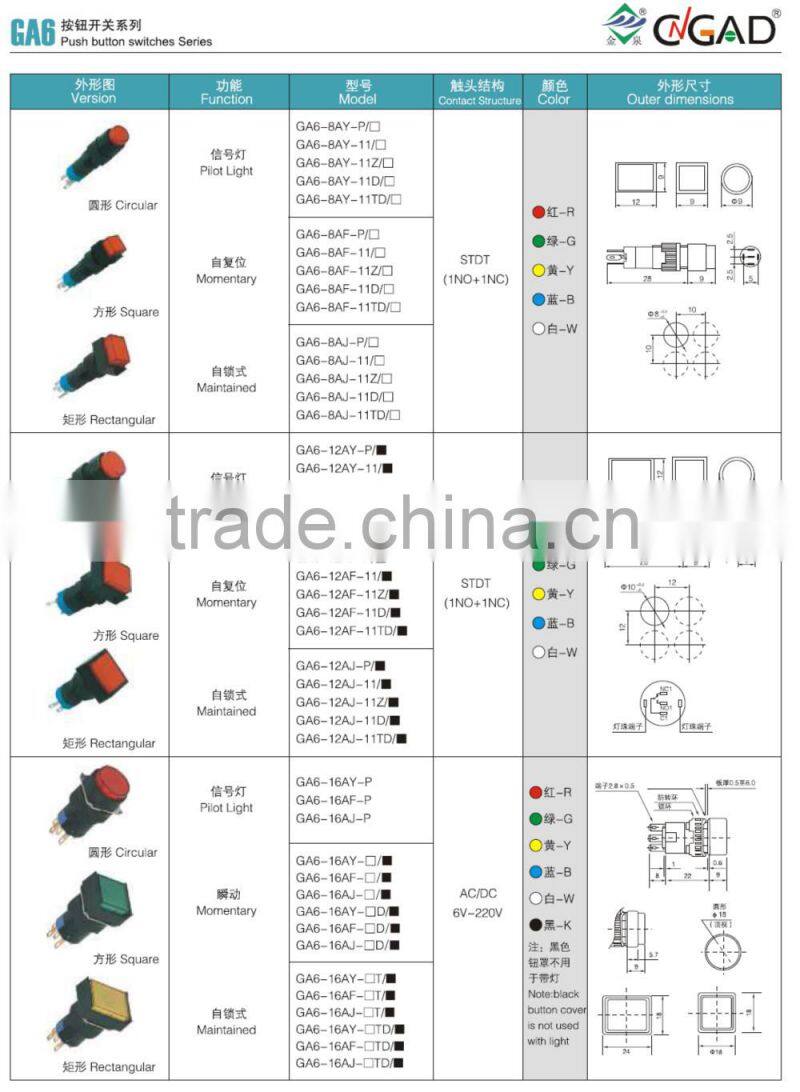 GA6-16AF-22D CNGAD 16mm rectangular maintained illuminate push button switch