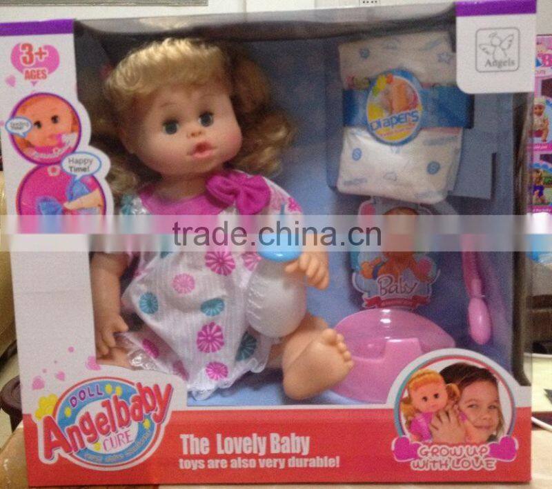 New item 16inch soft toy drinking and peeing girl doll toy promotional toy