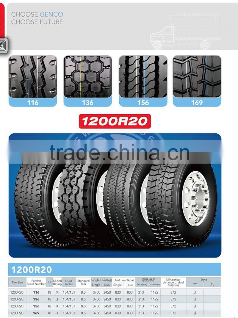Top quality Gencotire Heavy load all steel radial truck tyre 12.00R20