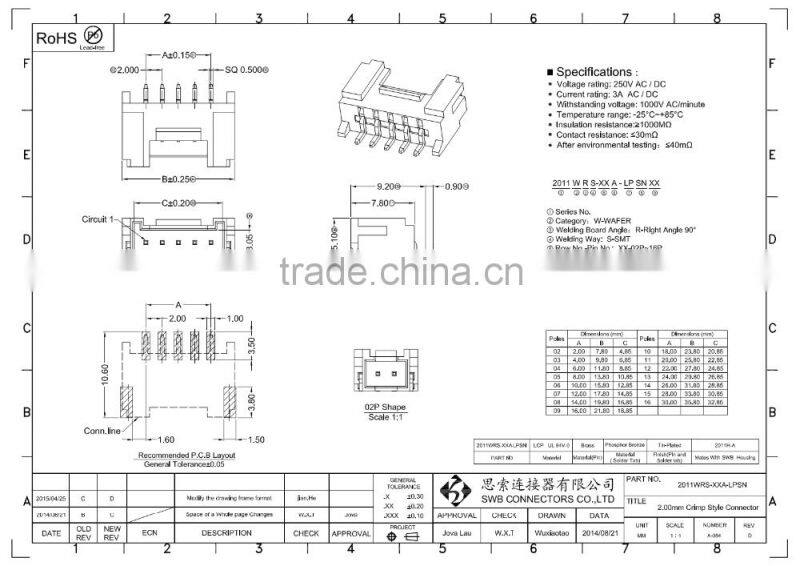 2.0MM Pitch Wire to board electronic connectors PA66 Straight/vertical housing wafer terminal