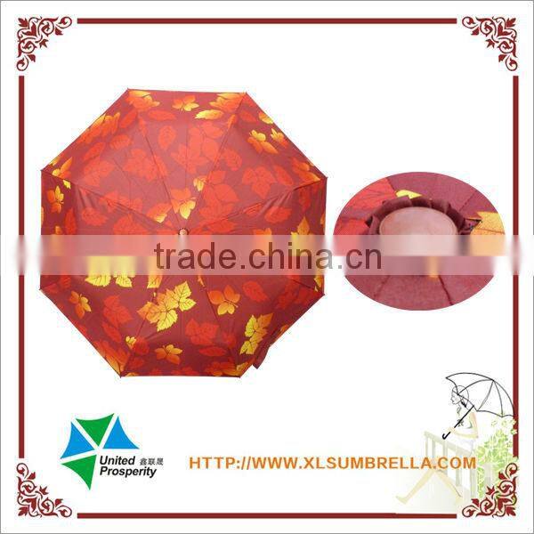 leaf print plastic handle 3 fold maple umbrella