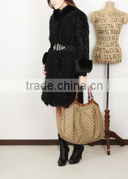 fashion lady's lamb coat for women with fur trim LC96