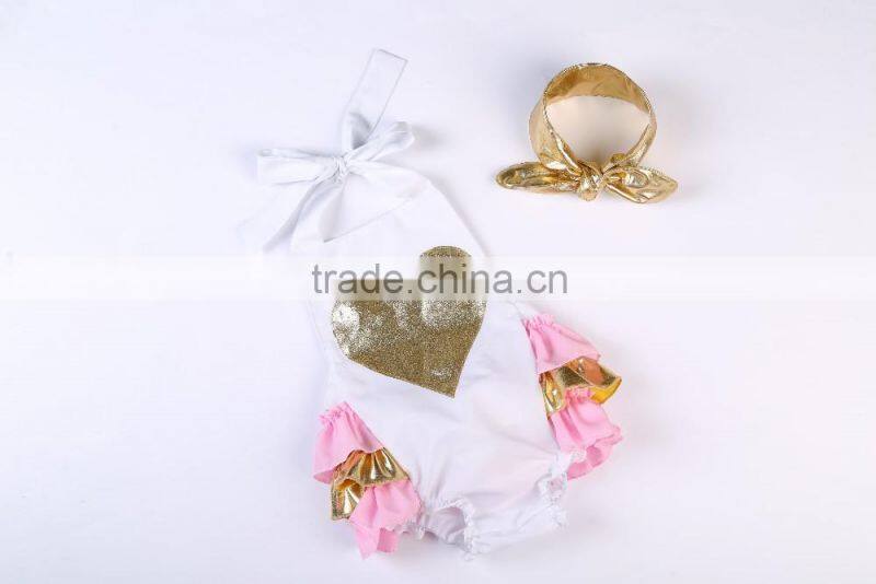 2016 Hot selling ruffle rompers set baby sparkle heart bubble romper with headhand boutique kids summer clothes jumpsuit