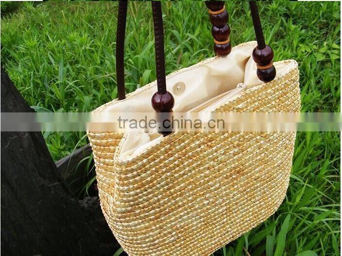 rainbow wheat straw women tote beach bag with long PU handle