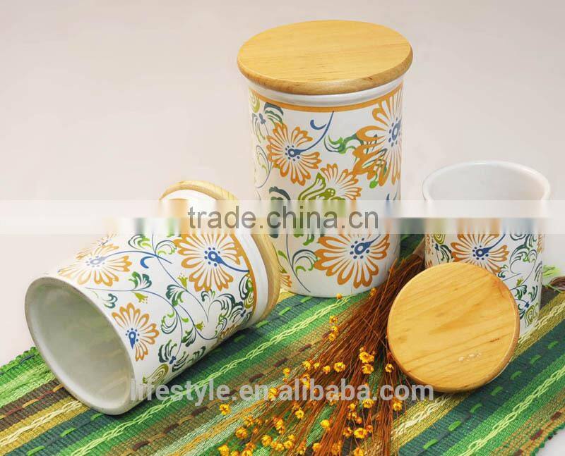 3 Sets Ceramic Canister With Wooden Lid,Stoneware with Decal