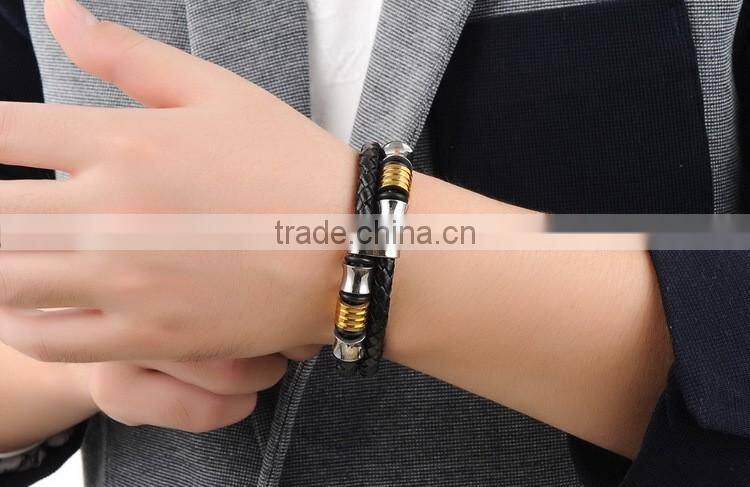 Silver Plated Stainless Steel Charms with Black Leather for Men Magnetic Bracelet