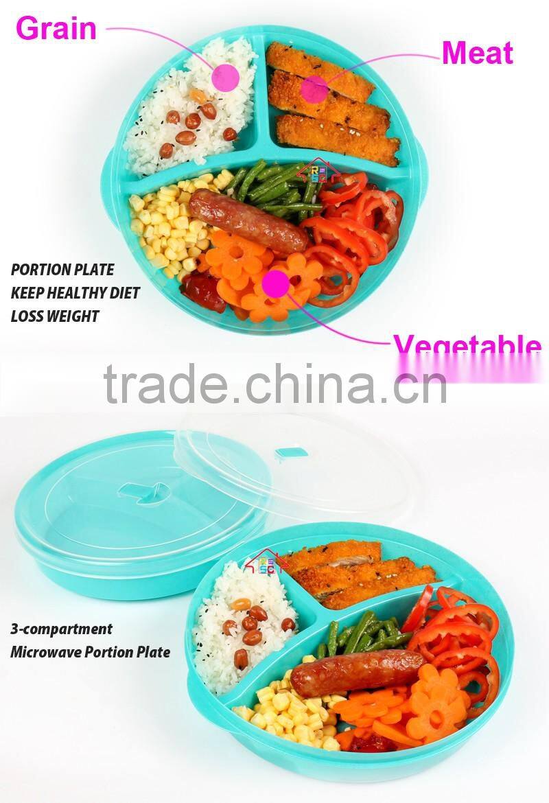NBRSC New Design Microwave Plastic Food Storage Tray Containers 3 Compartment Divided Plates with Vented Lid