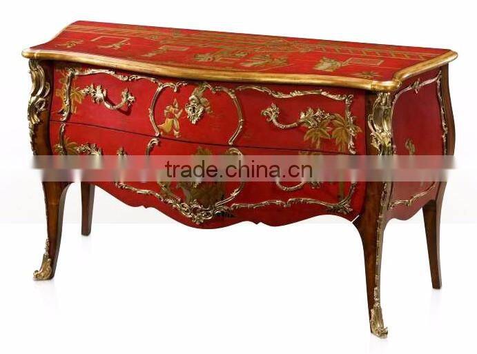 Classico Regency Decorative French Solid Wood Bombe Chest with Precious Golden Brass and Beautiful Chinoiserie Paint BF12-04254b