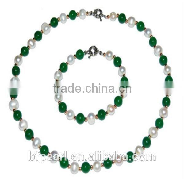 8mm Malaysia Jade & Pearls Necklace with Bracelet jewelry Set