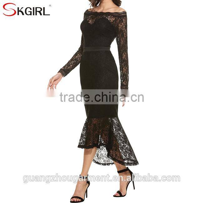Women's off shoulder long sleeve floral lace mermaid long fish tail cocktail evening bodycon dress