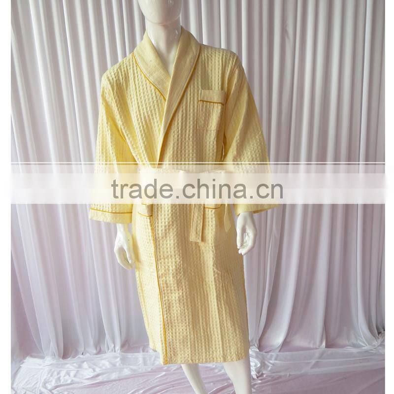 Yellow Cotton Waffle Fabric Bathrobe Hotel Bathrobe Dressing Gowns for women Long Hotel Bath Robe Pajamas Longue