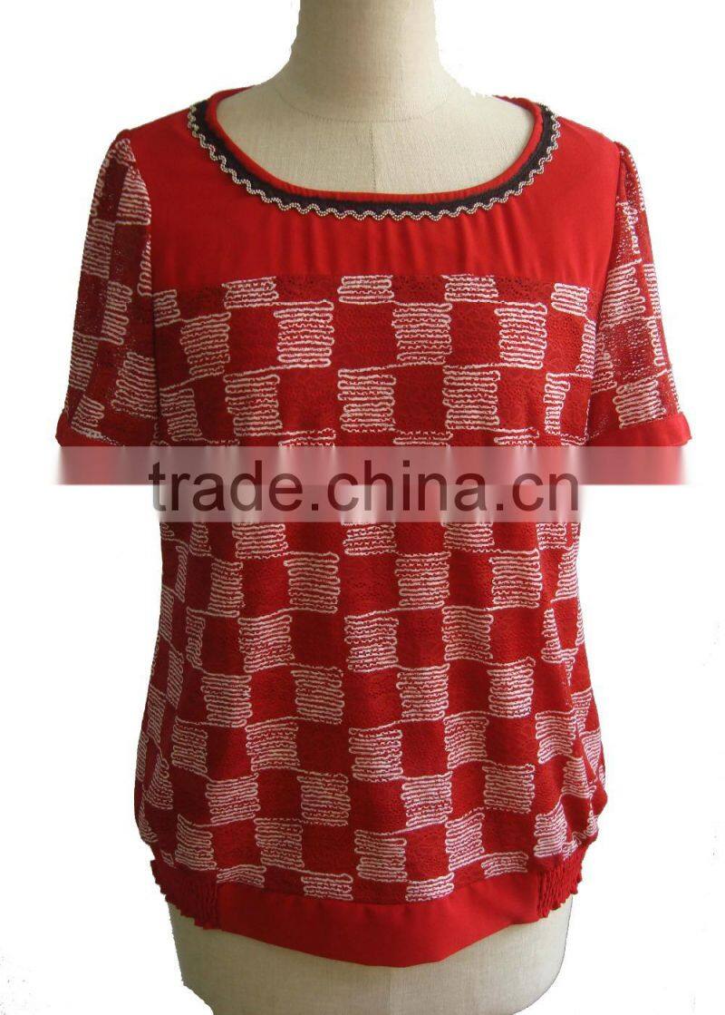 Red Plaid Check Print Lycra Blouse